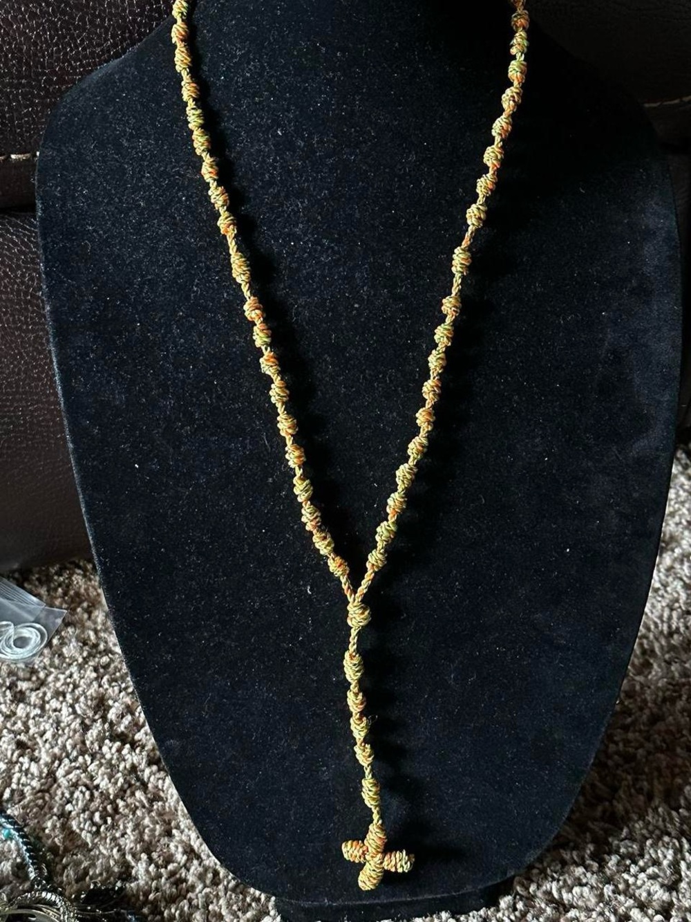 Vintage yarn cross Jesus necklace.